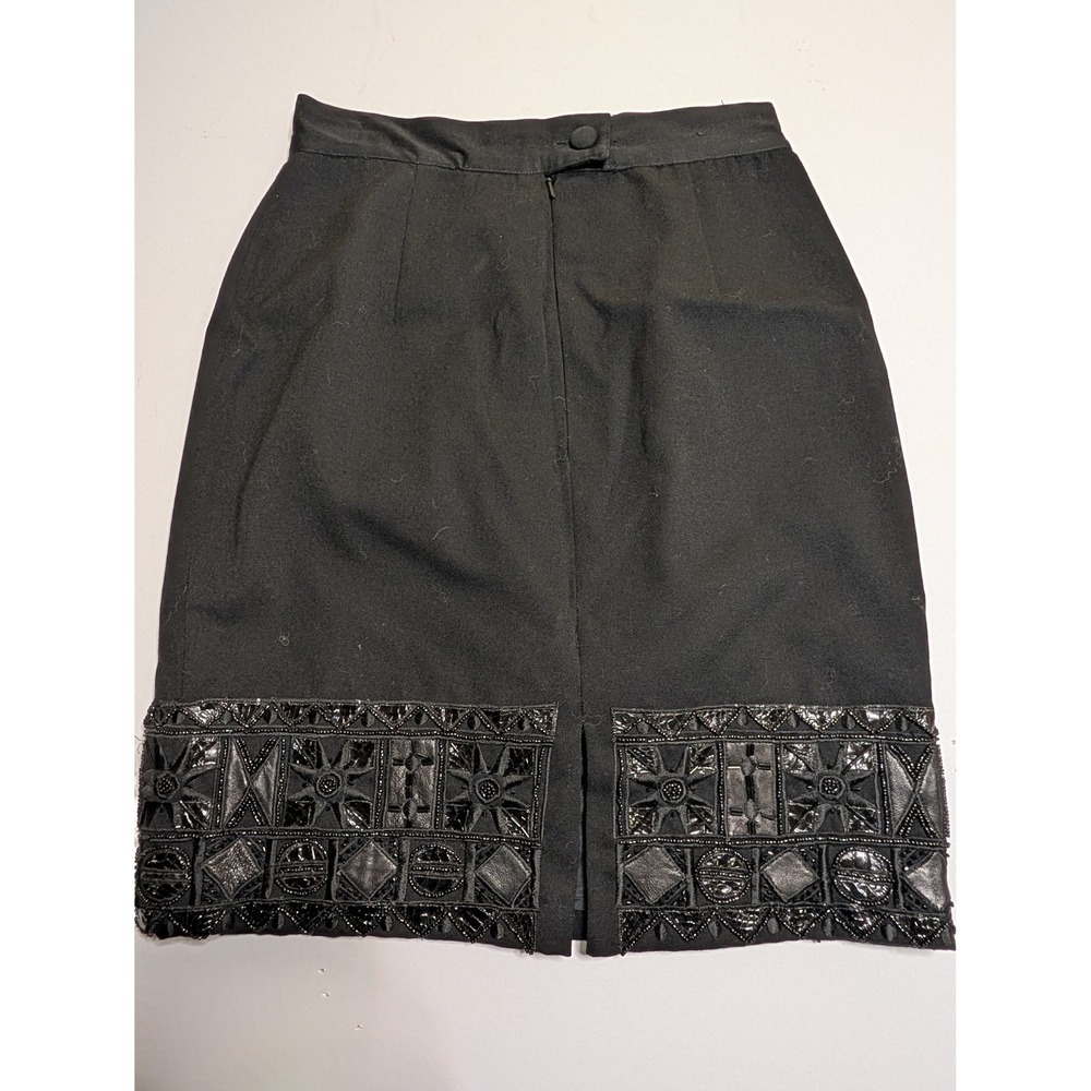 EREZ Vintage Black Wool Pencil Skirt Leather Snakeskin Beaded Hem Women 8‎ RN
